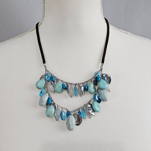 🏆Nine West Vintage America Turquoise Silver Tone Double Strand Necklace - Picture 1 of 7